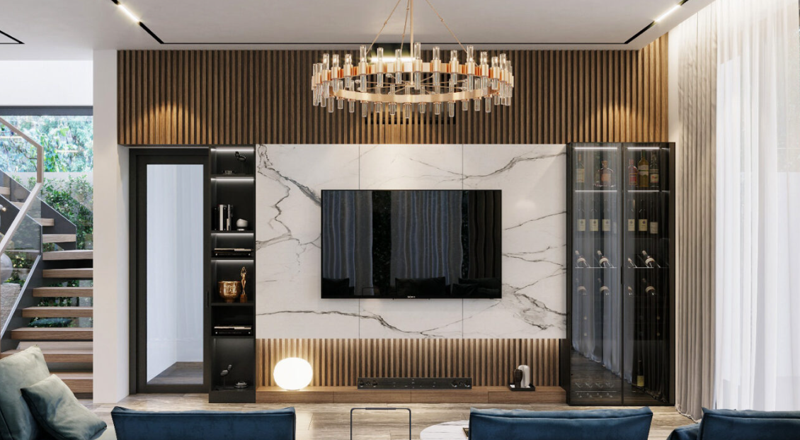  vách tivi phòng khách đẹp kết hợp với tủ rượu