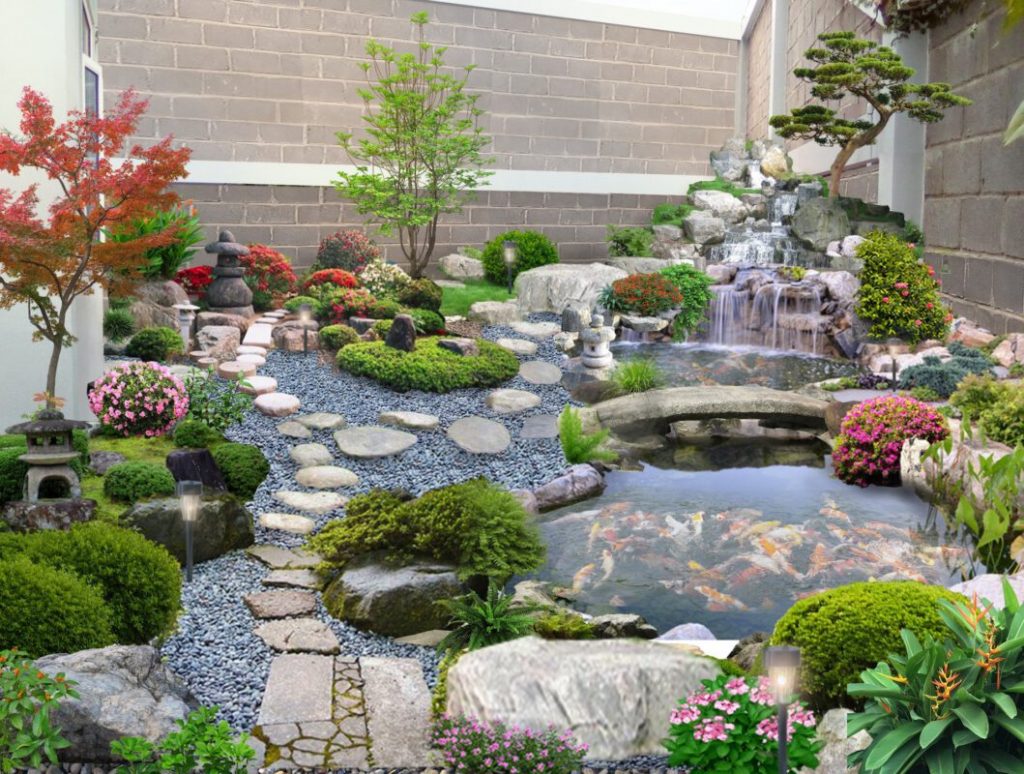 Tiểu cảnh sân vườn kết hợp hồ cá